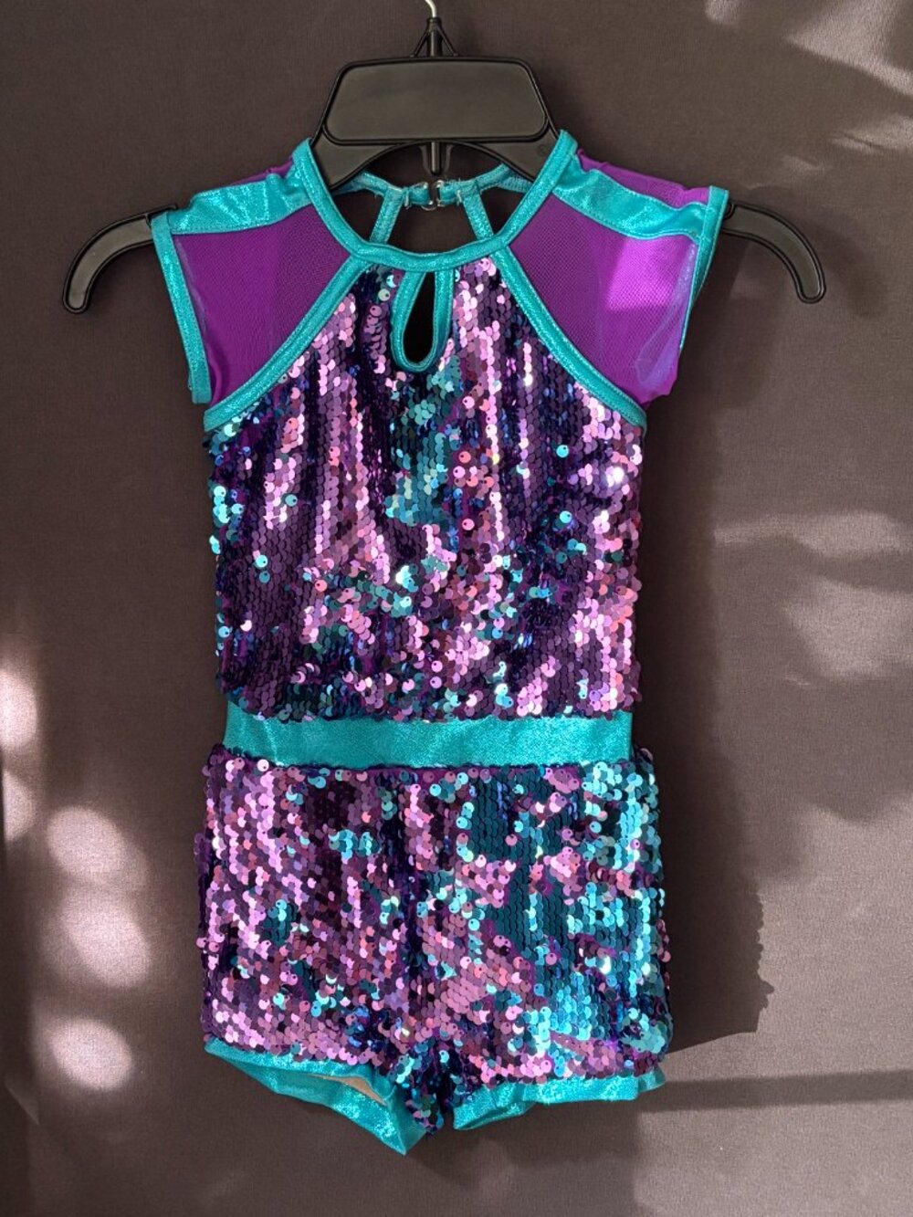 Weissman Purple Turquoise Sequin Cap Sleeve Biketard Dance Costume + Bow SC